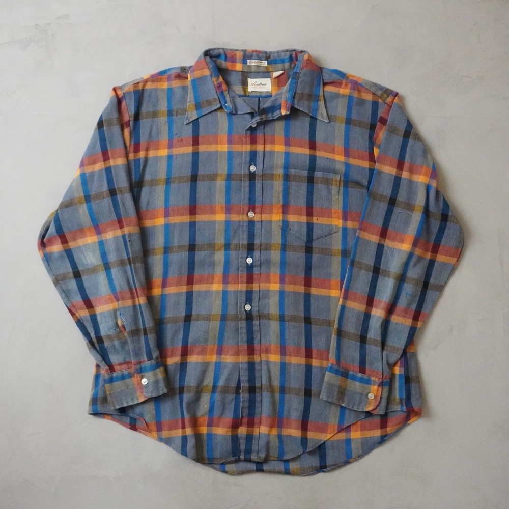 Vintage Andrew Fifth Avenue Plaid Shirt XL Mens 70s Blue Orange Permanent Press